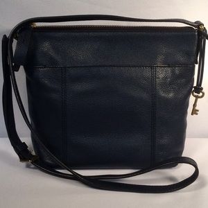 Fossil Crossbody Satchel Leather Zippered Navy Blue Purse